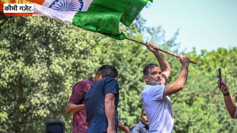 संसद भवन परिसर में विपक्षी दलों के विरोध मार्च के दौरान राहुल गांधी ने फहराया तिरंगा